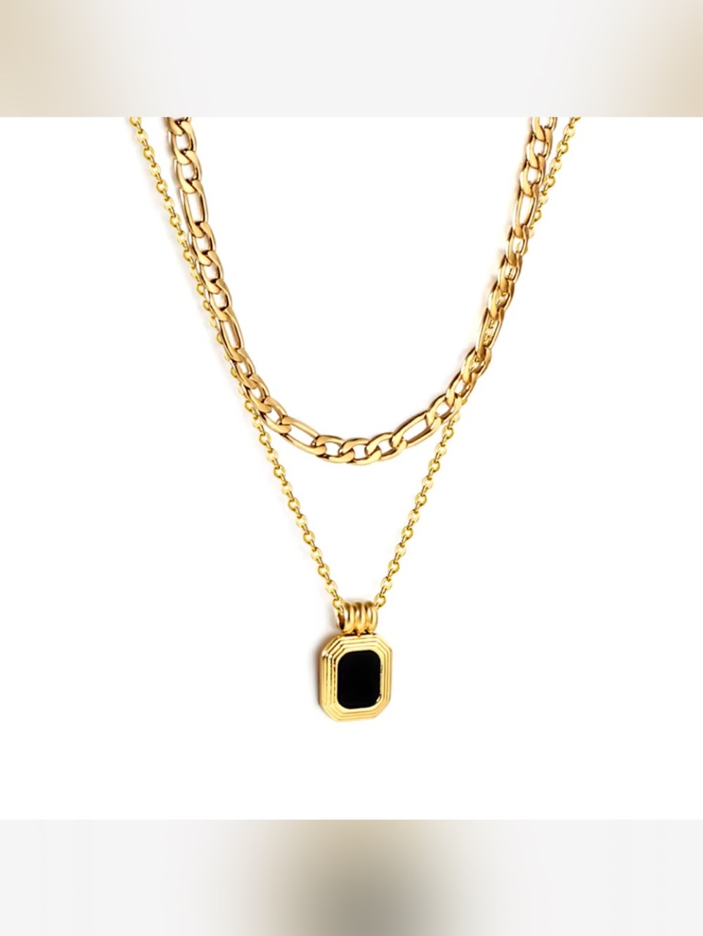 Gold Double-Layer Necklace with Black Pendant - Women Jewelry 18k Plated